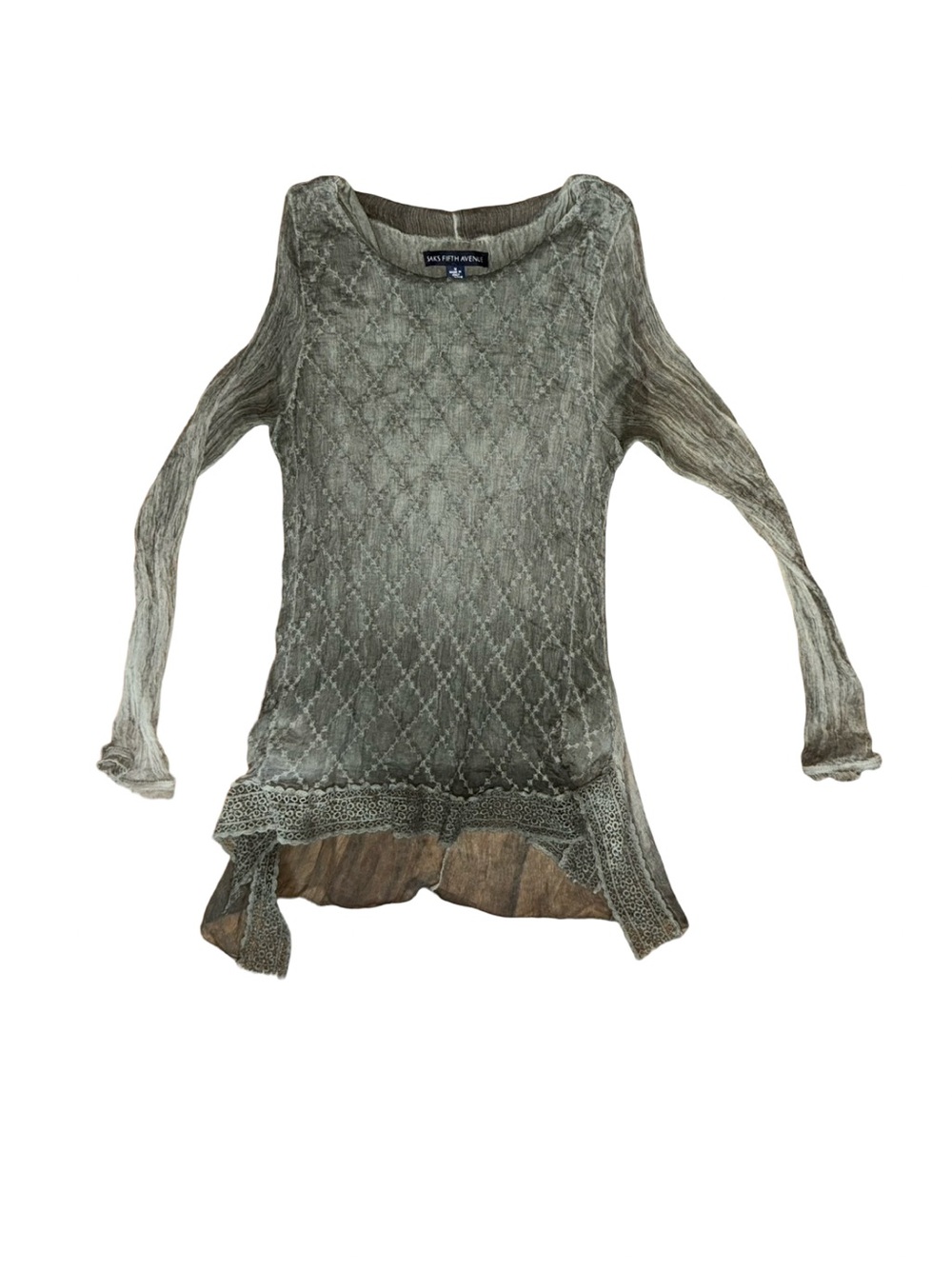 Womens Gray Diamond Knit Tunic Top with Lace Trim Saks Fifth Avenue Made in Ital